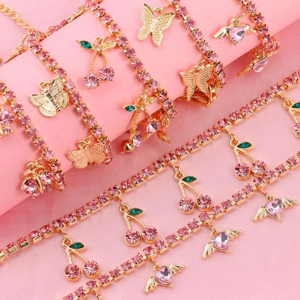 

link, chain hip hop iced out crystal tennis cherry bracelet pink butterfly geometric rhinestone heart kpop jewelry party gift, Black