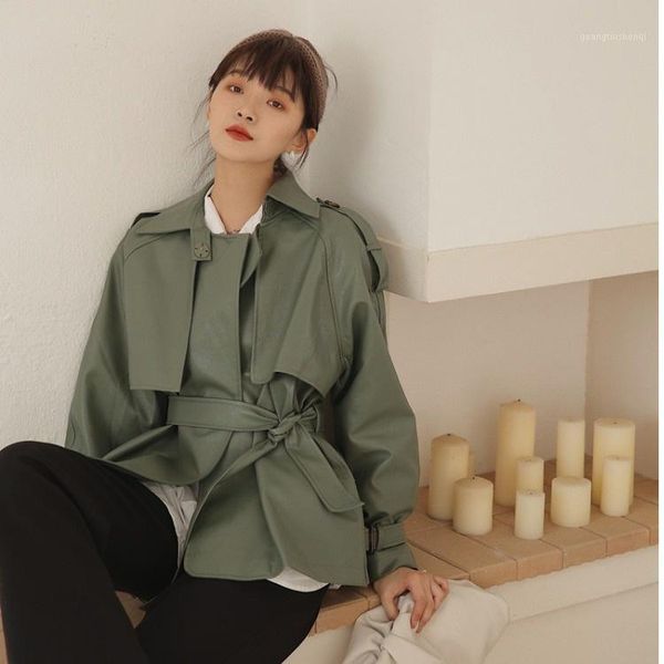 

women's down & parkas jacket fall 2021 loose casual harajuku lace up lapel short pu leather women, Black