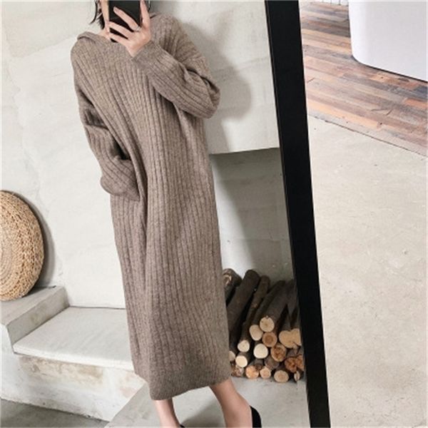 

autumn hooded thicken long knitted dresses ladies loose casual slim fit korean style maxi for women winter clothes mujer 210604, Black;gray