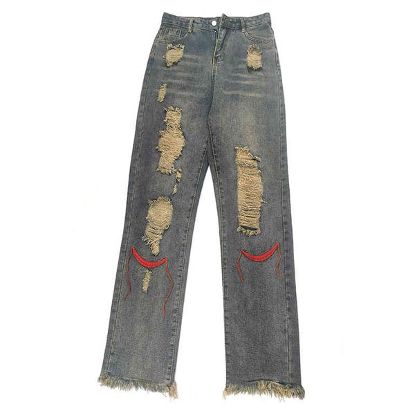 

women's jeans varofi ripped jeans children high waist street spice girls straight pants ripped for women y2k baggy wide leg 298s, Blue