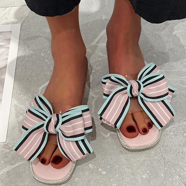 

slippers sagace shoes woman fashion summer stripe printing bowknot crystal bordered non-slip flat with women 2021ap, Black