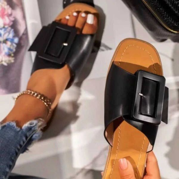 

women buckle square toe slippers 2021 woman sewing flat summer female comfortable footwear ladies casual beach shoes plus size y0731, Black