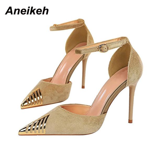 

aneikeh 2021 spring ladies shoes fashion women's flock pumps thin heels pointed bling shallow wedding ankle strap elegant dress, Black