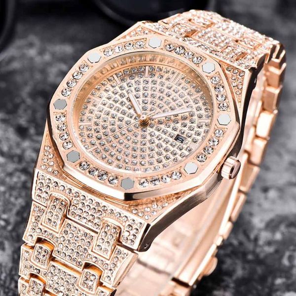 

mens watch luxury gold diamond men bussiness quartz wristwatches calendar stainless steel belt relogio masculino, Slivery;brown