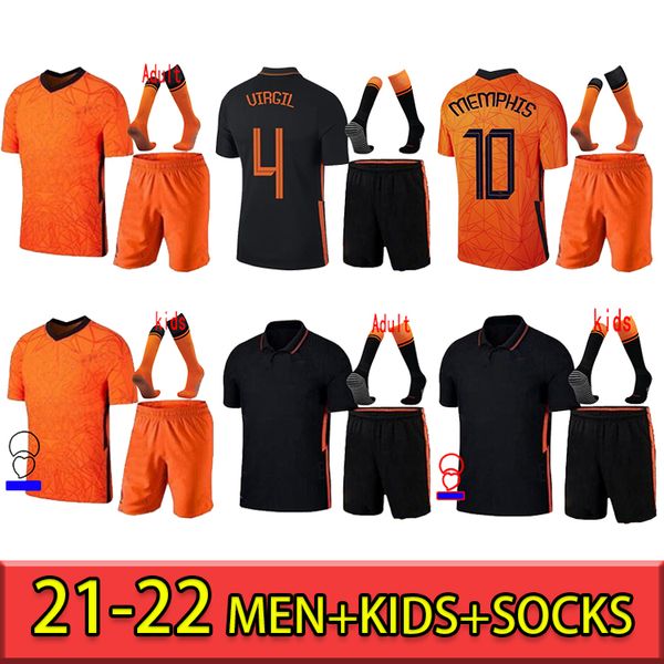 

memphis 2021 netherlands soccer shirt de jong holland de ligt strootman van dijk virgil 2022 football jersey men + kids kit socks, Black