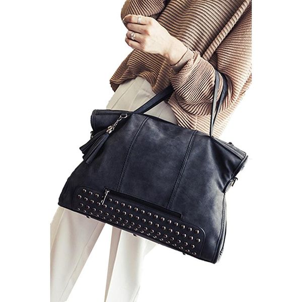 

Black Vintage Studded Handbag Zipper Bolsos Grandes Sac DDe Luxe Femme Mala Viagem Borsa Donna Mujer Bag Duffel Bags