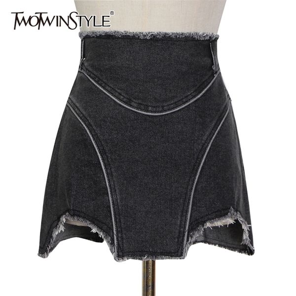 

casual patchwork tassel skirt for women high waist irregular hem denim mini skirts female summer fashion style 210521, Black