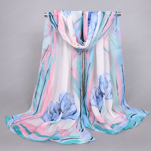 Stampa Fiore Sciarpe in Chiffon di Seta Donne Avvolgere Protezione Solare Coprispiaggia Lungo Hijab Bandana Mantella in Poliestere Femminile