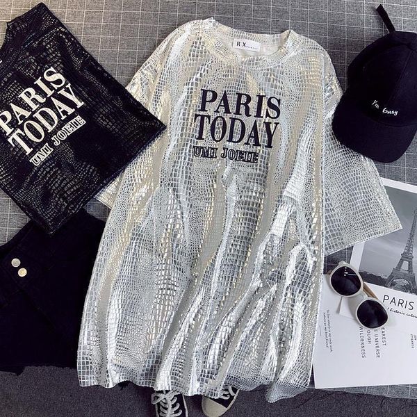 

sequined short sleeve print women t shirt polyester bling shiny sparkling plus size summer casual shirts, White