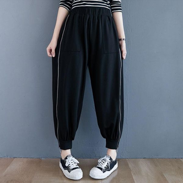 

women black casual pants arrival 2021 autumn korean simple style solid color elastic waist loose ladies pencil s2340 women's & capris, Black;white