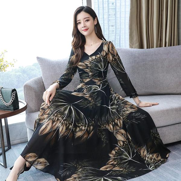 

casual dresses 2021 vintage long sleeve maxi autumn winter 3xl plus size floral chiffon midi dress elegant women bodycon party vestidos, Black;gray