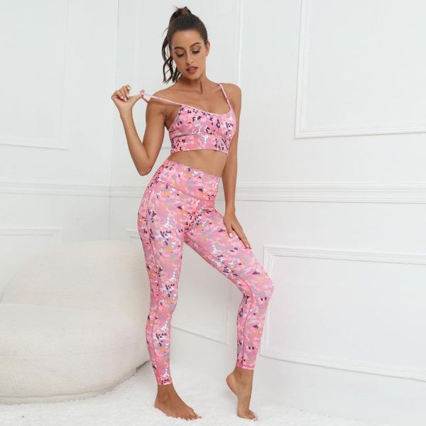 

yoga outfit gym shorts bra leggings set woman sportwear workout clothes print backless suit for fitness wear women's sport pink