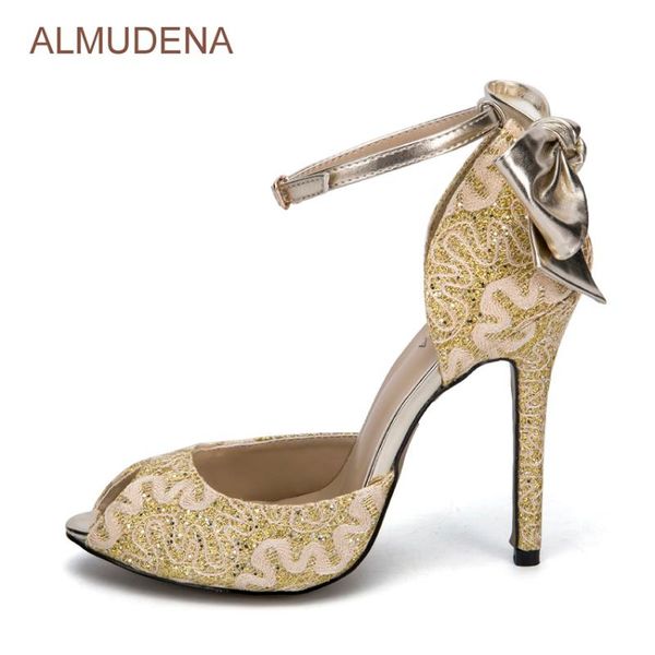 

eye-sighted gold lace flowers party shoes embroidered dress pumps shining crystal wedding bowtie women high heels, Black