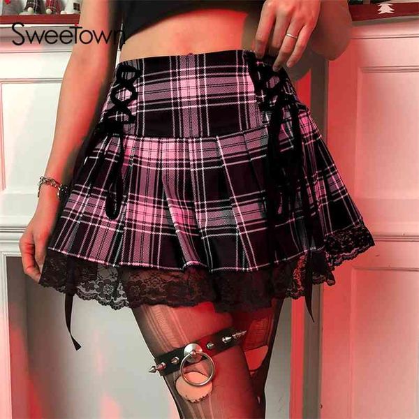 Sweetown Lace Up Goth Y2K Frau Röcke Rosa Streifen Plaid Spitze Trim Faltenrock Punk Dark Academia Ästhetische E Mädchen Kleidung 210721