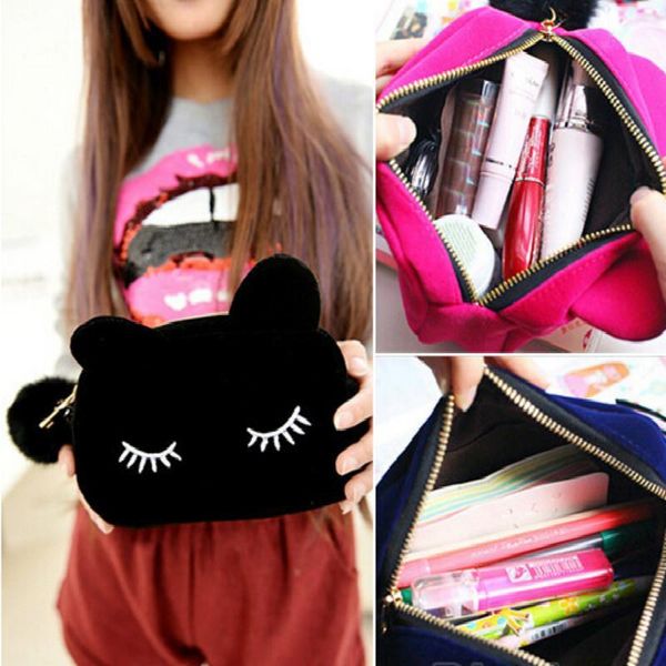 

cosmetic bags sale portable cat coin storage case travel makeup flannel pouch bag 1