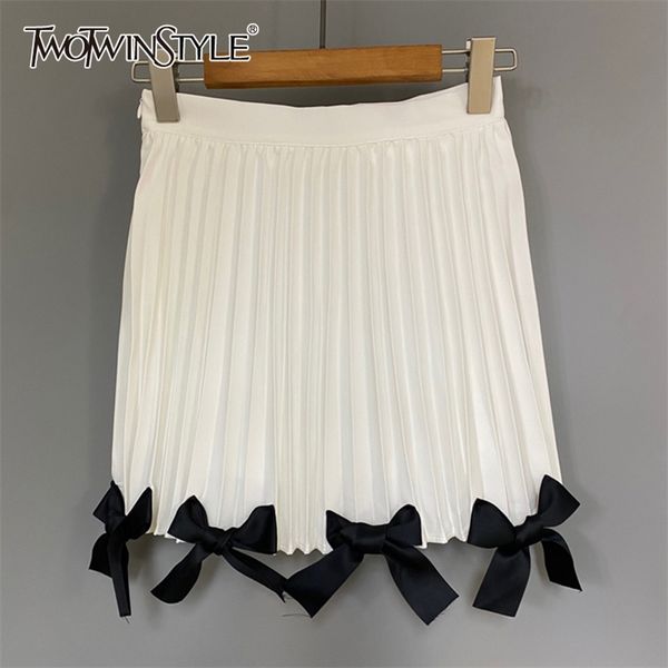 

pleated patchwork bowknot skirt for women high waist elegant skirts female fashion clothing summer 210521, Black
