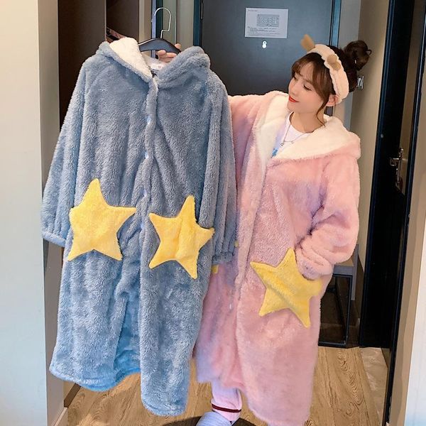 

women's sleepwear star women long robe gown winter flannel thicken hooded nightgown oversized cute intimate lingerie lovely lady kimono, Black;red