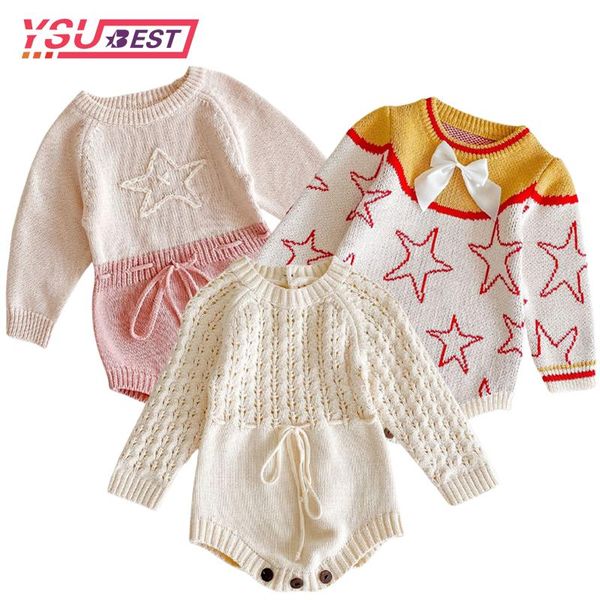 

jumpsuits baby girl spring romper knitted rompers star embroiderbow long sleeve clothes cotton sweater infant jumpsuit, Blue