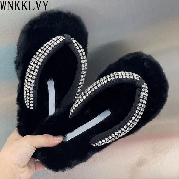 

slippers flat heel fur women autumn winter thick sole rhinestone decor flipflops outdoor comfortable leisure shoes 2021, Black