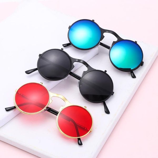 

vintage steampunk flip up double sunglasses retro round metal frame sun glasses for men women brand designer circle, White;black