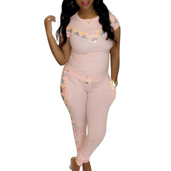 

pants pink sequined tracksuits women two summer autumn t-shirt and suits casual bodcon 2 piece set, White
