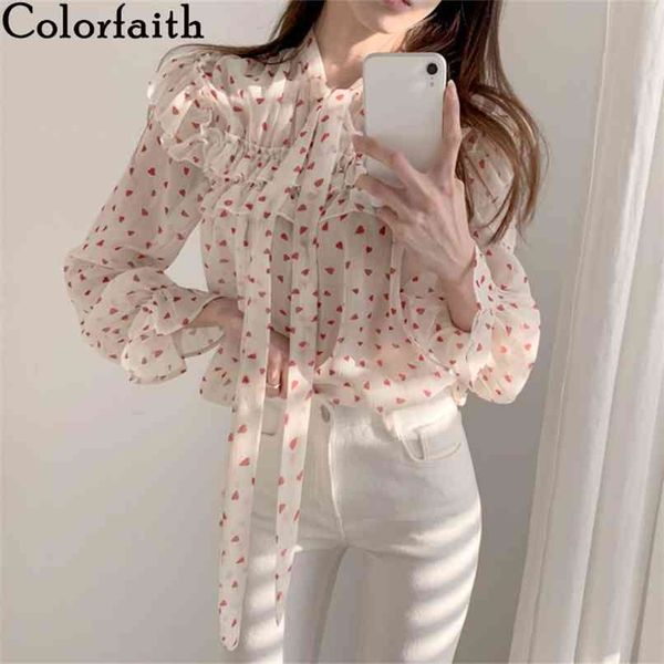 

women spring summer blouse shirts casual print elegant ruffles sweet lace up bow lady chiffon bl2685 210427, White