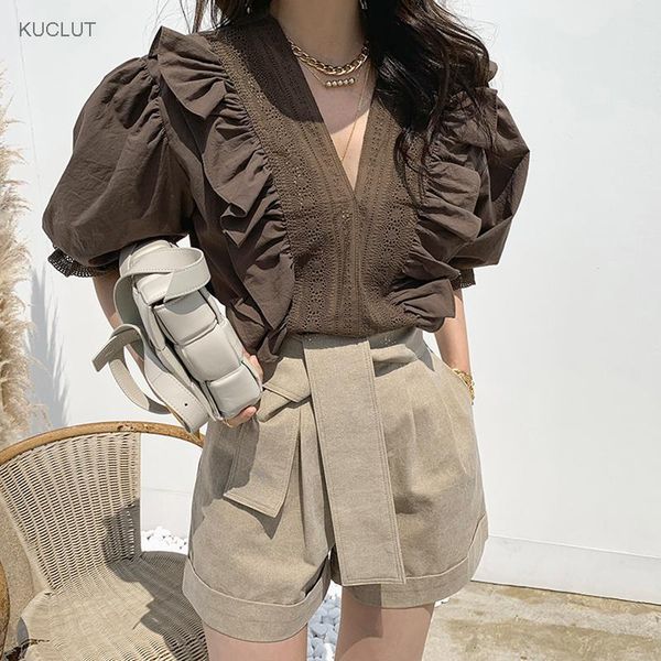 

korean chic summer v-neck lace cut out ruffle shirt + high waist up casual pants shorts suit men's suits & blazers, White;black