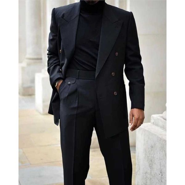Traje Homme Casamento Homens Suits Black Dupla Breasted Peak Lapel Masculino Terno Slim Fit Groom Bleazer 2 Peças Jacket + Pant X0909