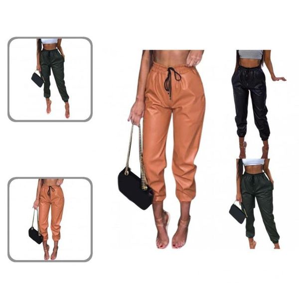 

women's pants & capris sporty stretchy loose-fitting trousers sweatpants faux leather all match, Black;white
