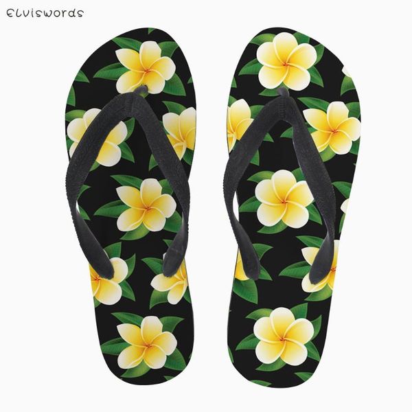 

elviswords summer women's casual beach flip-flops hawaiian frangipani designs flip flops for girl soft non-slip rubber slippers, Black