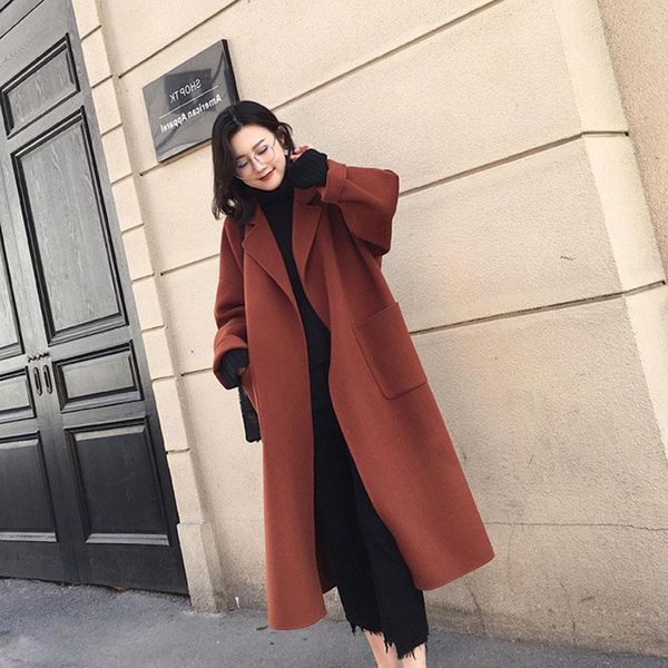 

women's wool & blends elegant long black woolen coat women with lace-up 2021 autumn winter plus size outerwear abrigo mujer