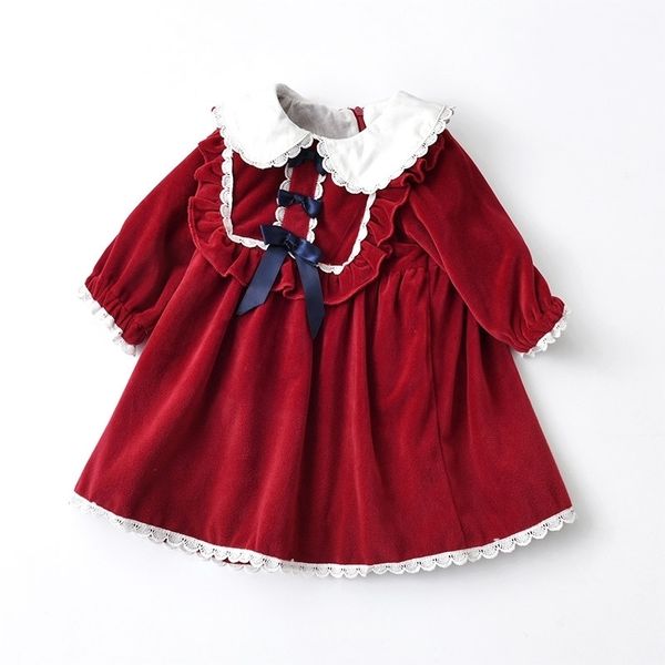 

children's lolita princess dress doll collar bow velvet autumn and winter children's skirt batch, Red;yellow