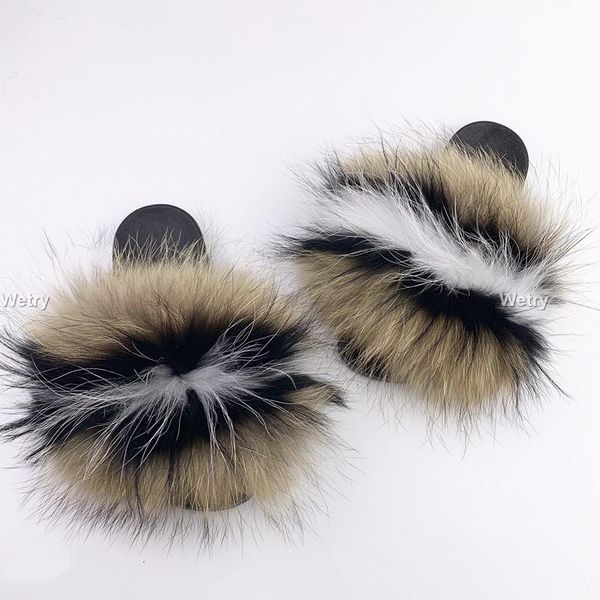 

slippers 100% real raccoon fur women fashion color sliders summer big size 45, Black