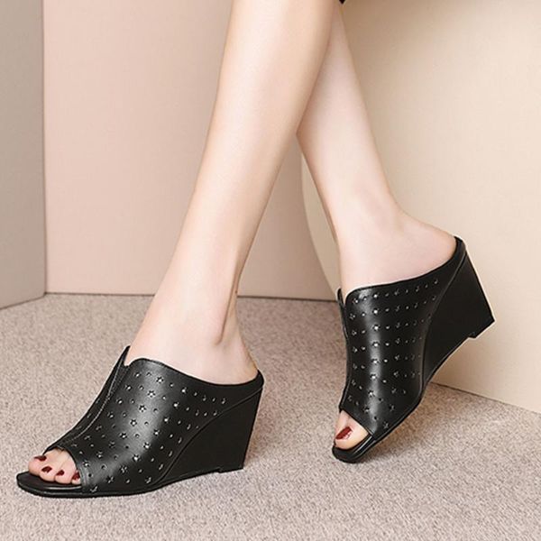 

slippers sarairis genuine leather female fashion hollow summer party outside women wedges high heels shoes woman, Black