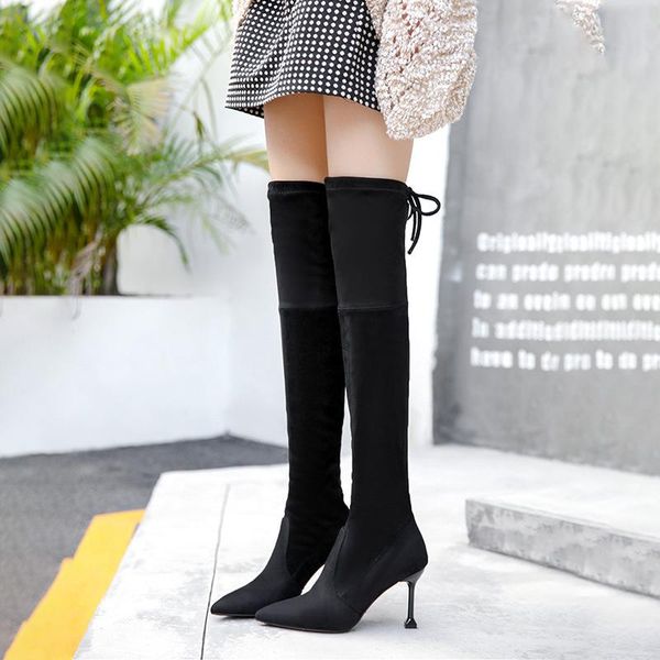 

boots lace up lady pointe shoes winter footwear boots-women thigh high heels pointy stiletto rubber 2021 autumn, Black