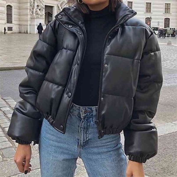

faux lether warm puffer cropped black jacket women fall winter female down bubble coat turtleneck long sleeve thick parkas 210916