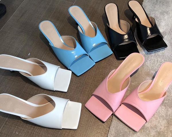 

square toe sandals slides low thin high heels slippers fashion women slip on mules shoes solid color party sale, Black