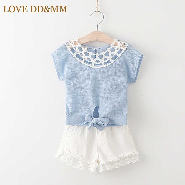

love dd&mm girls clothing sets summer girls hollow short sleeve solid color shirt + lace shorts suit 210715, White