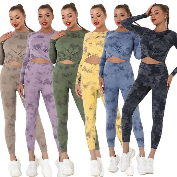 

yoga outfit gym tie-dye set women seamless fitness sports cross push up sport clothing sanded stretch leggings