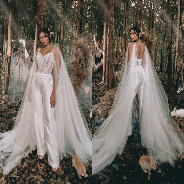 2021 Çarpıcı Düğün Tulum Wrap Dantel Aplike Sequins Bir Çizgi Plaj Gelinlikler Custom Made Vestidos De Novia