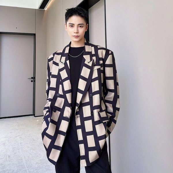 

men's suits & blazers wear tide koean casual vintage plaid belt suit coat 2021 autumn fashion loose simple long sleeve for male, White;black