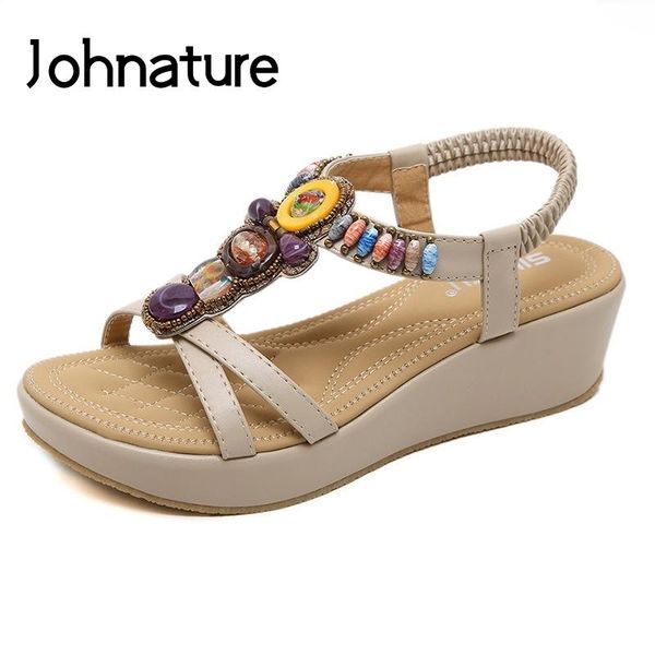 

dress shoes johnature 2021 summer platform sandals casual elastic band solid ethnic string bead back strap wedges crystal women, Black