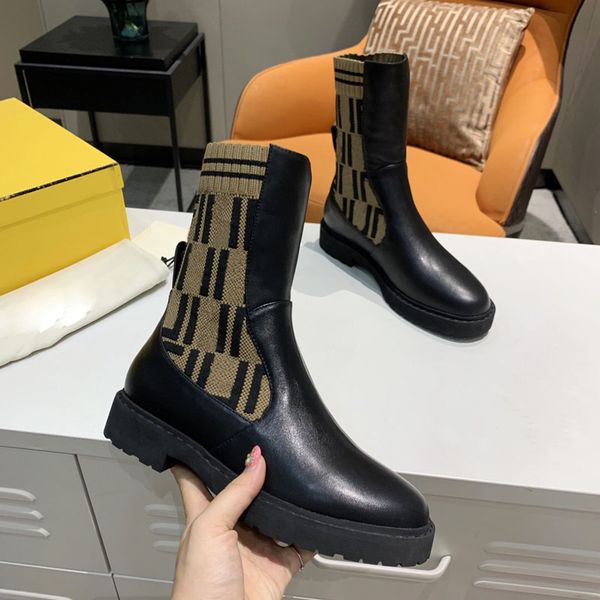

f letter knitting women's short boots leather designer fashion outdoor classic ankle boot flat breathable elastic socks shoes with box, Black