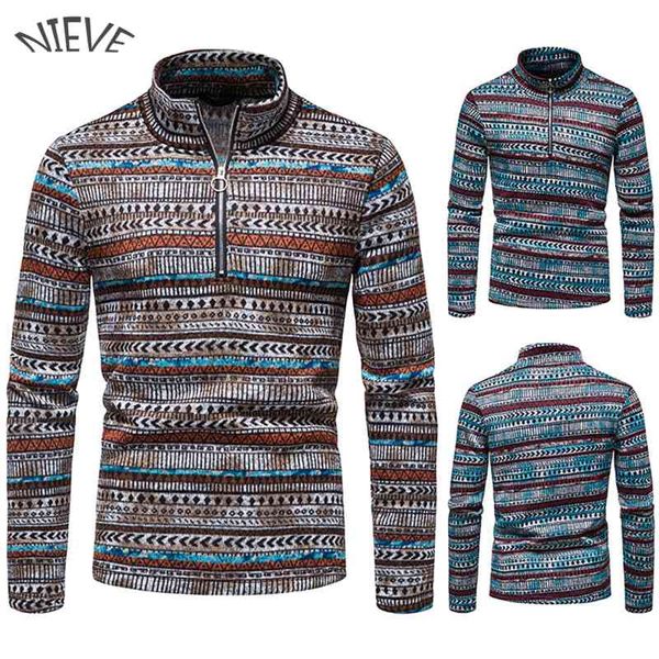 

men autumn winter retro jacquard men's zipper collar windproof knitted sweater high quality, Black