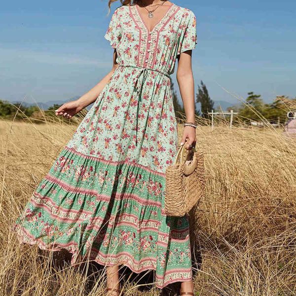 

casual dresses vintage chic women floral print short sleeve bohemian maxi dresses ladies deep v neck rayon cotton sashes boho dress vestidos, Black;gray
