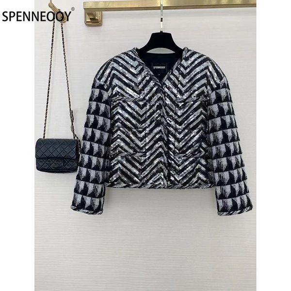 

women's jackets spenneooy designer brand autumn winter luxur sequins embroidery tweed coat women single-breasted short overcoat outwear, Black;brown