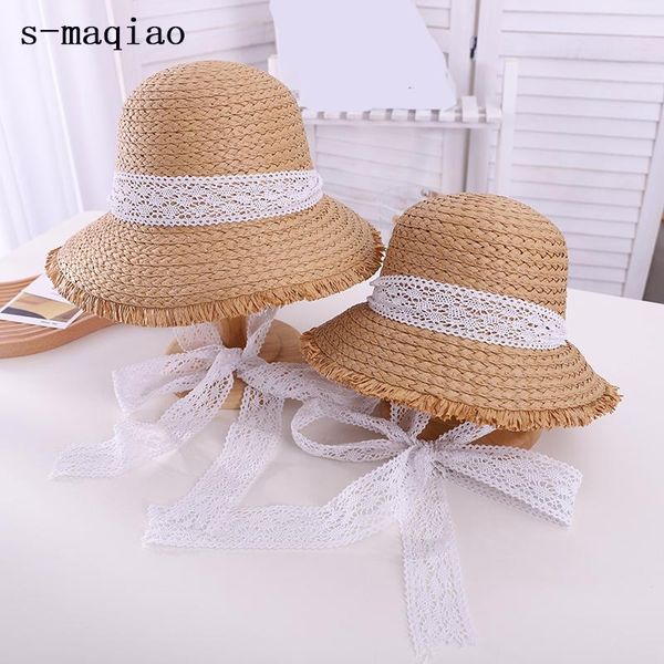 

women summer big floppy hat straw with black white ribbon lace wide brim sun uv protection parent-child beach cap hats, Blue;gray