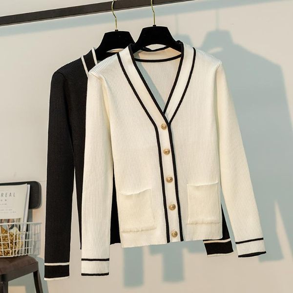 

women's knits & tees spring autumn patchwork metal button cotton cardigan women long sleeve v-neck baggy loose s-xl slim woman sweater, White
