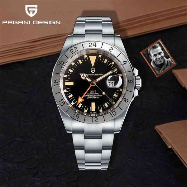 

pagani design men automatic mechanical watch classic retro gmt watch stainless steel 200m waterproof clock reloj hombre 210910, Slivery;brown