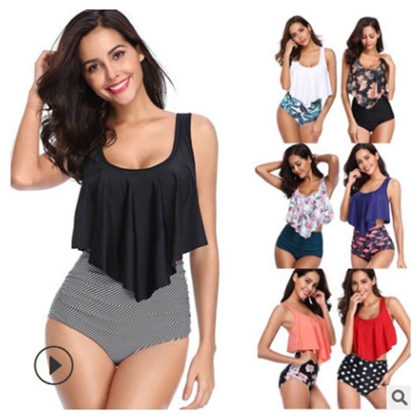 

multi color bikini suit with ruffle printing to cover the belly, Red;black